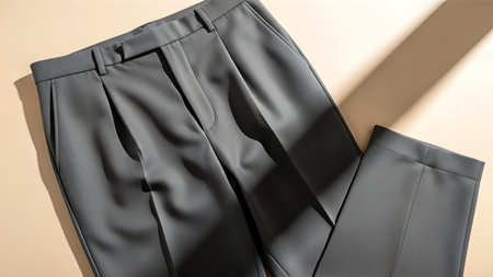 A pair of stylish gray pleated trousers are neatly arranged on a neutral-colored surface, captured in a well-lit studio setting.の写真素材