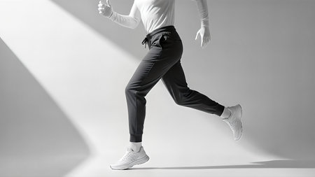 Running man in black pants and white sneakers on grey studio background.の写真素材
