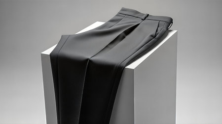 A pair of neatly folded black trousers rests atop a white cube, presented in a minimalist studio setting. Ideal for fashion or style-related projects.の写真素材