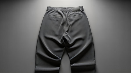 A back view of gray trousers laid flat on a gray background, showcasing the fabric and design.の写真素材