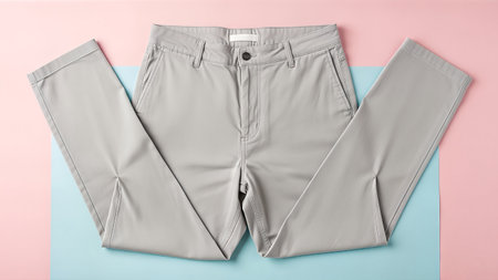 A pair of gray trousers is neatly arranged on a pastel pink and blue background, perfect for fashion or retail concepts.の写真素材