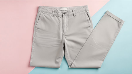 Pair of gray pants on pastel blue and pink background.の写真素材
