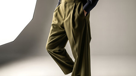 Low section of man in green pants standing against grey background with shadowの写真素材