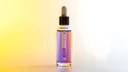 A bottle of serum with a dropper on a colorful background. The serum is purple and the background is yellow and white.の写真素材