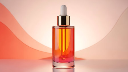 A beautifully lit serum bottle with a dropper, set against an abstract background, ideal for skincare product advertising and promotion.の写真素材