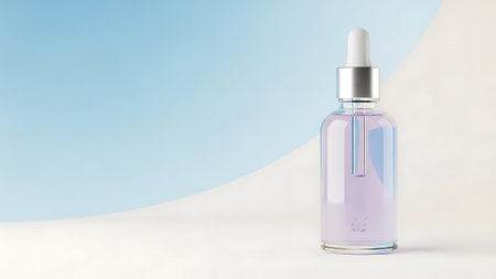 A clear serum bottle with a dropper stands against a gentle pastel backdrop, ideal for showcasing skincare products and beauty concepts.の写真素材