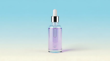 A clear serum bottle with a dropper sits on a gradient background, perfect for skincare product promotion.の写真素材