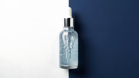 A clear serum bottle with a dropper is placed on a split background of white and dark blue, ideal for skincare product promotion.の写真素材