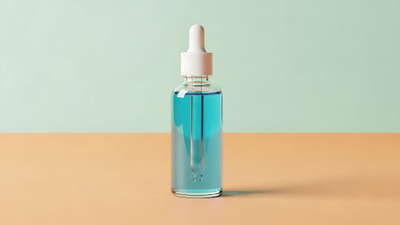 A clear serum bottle filled with blue liquid, set against a pastel background, ideal for skincare product promotion.の写真素材
