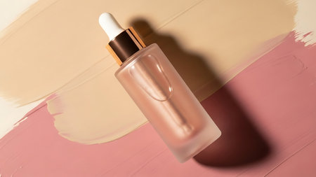 A frosted glass serum bottle with a dropper, set against a backdrop of pastel pink and beige, perfect for skincare product promotion.の写真素材