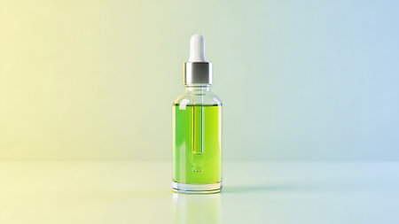 A clear bottle of green serum with a dropper, perfect for skincare and beauty product promotions. Ideal for showcasing natural ingredients and healthy living.の写真素材