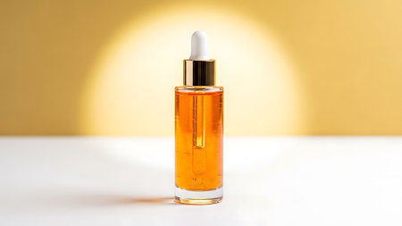 A bottle of golden beauty serum with a dropper, set against a warm, golden background, highlighting its luxurious and nourishing qualities.の写真素材