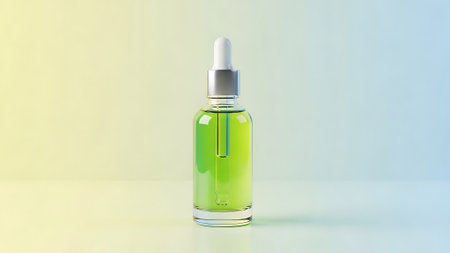 A clear serum bottle with green liquid stands on a gradient background, ideal for showcasing skincare products and routines.の写真素材