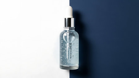 A clear serum bottle with a dropper on a split white and blue background, perfect for skincare product promotion.の写真素材
