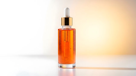 A clear serum bottle with an orange liquid stands on a white surface, accented by golden details and a soft, blurred background.の写真素材