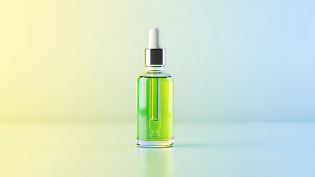 A clear glass bottle filled with green serum, perfect for skincare and beauty product promotions.の写真素材