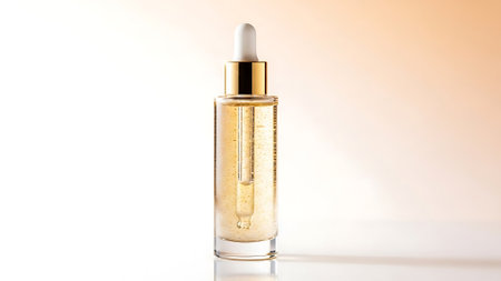 A close-up studio shot of a bottle of beauty serum with a dropper on a white surface with a peach background.の写真素材