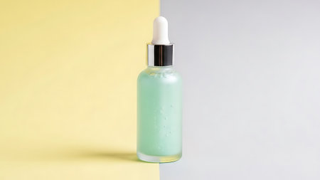 A serum bottle with a dropper stands on a background split between yellow and gray, creating a minimalist beauty shot.の写真素材
