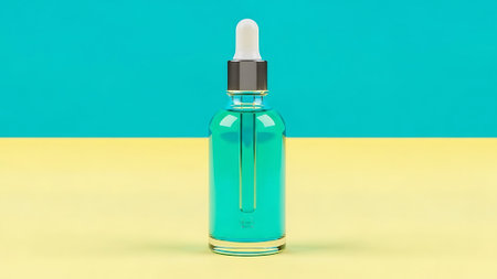 A turquoise serum bottle with a dropper stands out against a vibrant yellow and blue backdrop, perfect for beauty and wellness promotions.の写真素材