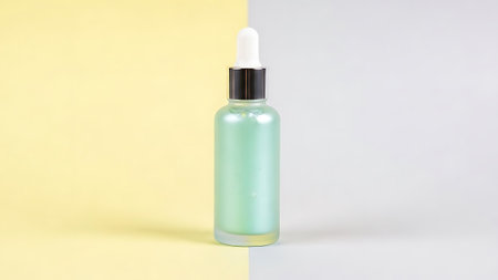 A clear serum bottle with a dropper stands on a background split between yellow and gray, ideal for beauty and skincare product promotion.の写真素材