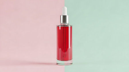 A vibrant red serum bottle stands out against a split pastel pink and green background, ideal for beauty product promotion.の写真素材