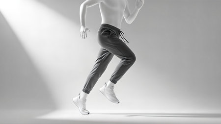 A monochrome image capturing a runner in full stride, focused and determined, against a minimalist background. The image emphasizes movement and athleticism.の写真素材
