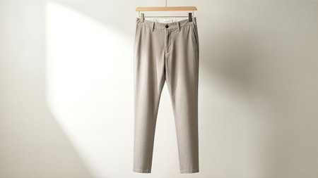 A pair of beige chinos hangs on a wooden hanger against a white wall, showcasing minimalist style and neutral tones.の写真素材