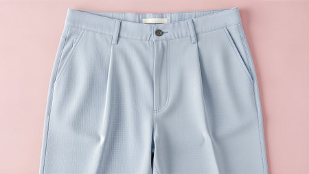 Studio shot of light blue trousers on a pink background, showcasing modern fashion and minimalist style.の写真素材