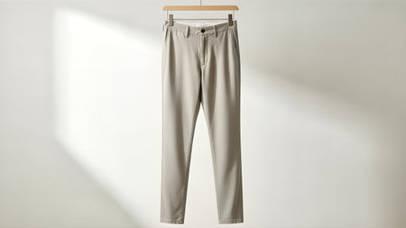 Beige trousers hanging on a wooden hanger against a white wall with shadows. Minimalist style, studio shot.の写真素材