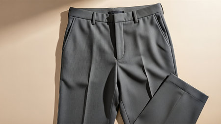 Elevate your style with these sophisticated gray trousers, perfect for business or casual wear. Crafted for comfort and a sleek silhouette, these trousers are a versatile addition to any wardrobe.の写真素材