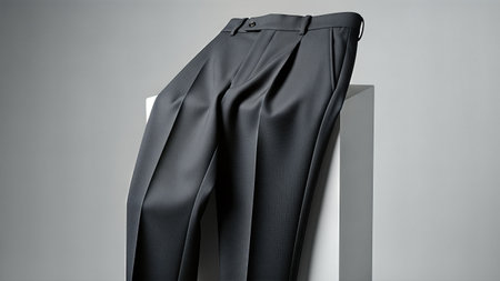 A pair of dark gray pleated trousers is displayed on a white pedestal, showcasing its classic design and quality fabric.の写真素材