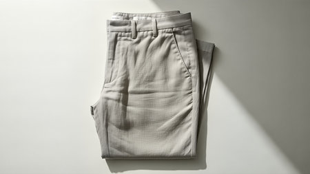 A pair of folded beige pants is placed on a white surface, casting shadows that add depth to the image.の写真素材