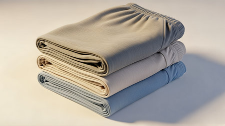 A neatly stacked pile of folded pajama pants in neutral tones, perfect for sleepwear or loungewear concepts.の写真素材