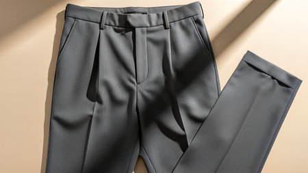 A pair of stylish gray pleated trousers is displayed on a beige background, captured from a top-down perspective.の写真素材
