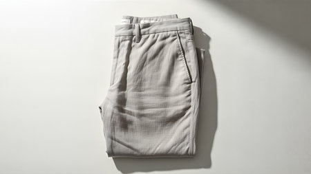 A pair of folded beige trousers is neatly arranged on a clean white surface, casting a soft shadow. The minimalist composition highlights the texture and form of the garment.の写真素材