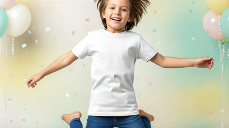Young boy jumping with arms outstretched surrounded by colorful balloons