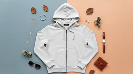 White hoodie surrounded by accessories on a split colored backgroundの写真素材