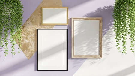 Three blank picture frames with hanging green plants
