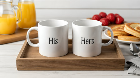 His and Hers coffee mugs on a wooden tray with breakfast items