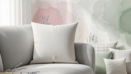 A comfortable sofa with white pillows in a serene living room settingの写真素材