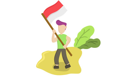 flat design character of a man carrying the Indonesian flagのイラスト素材