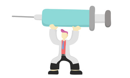simple flat design character of a doctor lifting an injectionのイラスト素材