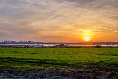 Sunset over salty lakeの写真素材