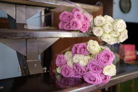 Bride's flowers on stairsの写真素材