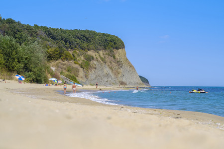 Beautiful sandy beach with mountain aroundの写真素材