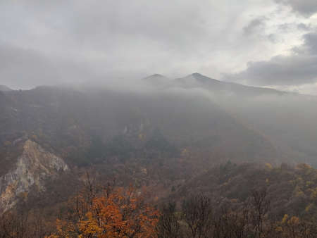 Mountain Landscape in Fog in Autumn in Rainy Weather 1の写真素材