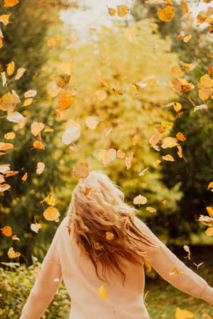 yellow foliage in the girl's shirts. Happy girl with leaves. Autumn frame.の写真素材