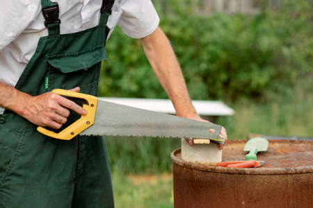 man is sawing a tree. saw in the hands of a man. summer workの写真素材