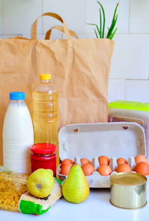 food delivery. social recruitment. grocery set of schoolchildren. food set for pensioners. consumer basketの写真素材