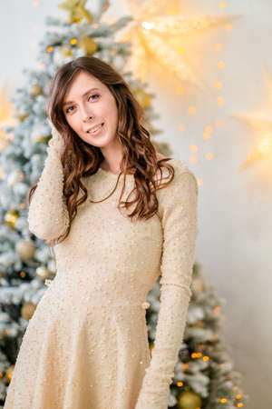 beautiful girl at the Christmas tree. Girl with long hair. Girl with styling and makeup. Christmas evening dress for the girl. Evening make-up and stylingの写真素材